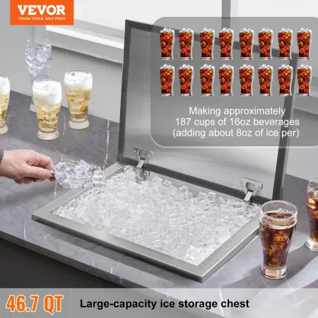 Drop in Ice Chest, 20"L x 16"W x 13"H Stainless Steel Ice Cooler, Commercial Ice Bin with Hinged Cover, 40 qt Outdoor Kitchen Ic