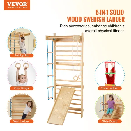 Swedish Ladder Wall Gym, 5 in 1 Wooden Indoor Playground Climbing Toys, 220 lbs Load Capacity Swedish Wall Ladder with Pull-Up B