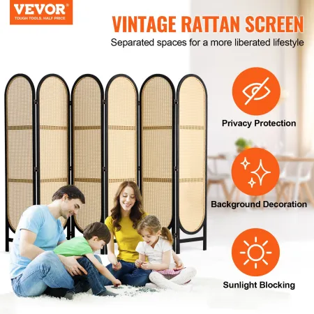 6 Panel Room Divider, Hand-Woven Rattan Folding Privacy Screens with Hinges, Portable Partition Room Dividers, Wooden Freestandi