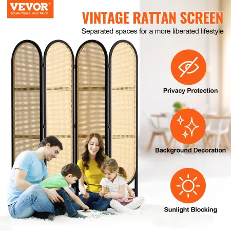 4 Panel Room Divider, Hand-Woven Rattan Folding Privacy Screens with Hinges, Portable Partition Room Dividers, Wooden Freestandi