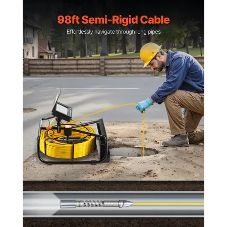 Sewer Camera, 98 ft/30 m, 4.3-inch Drain Inspection Camera with Lights - 6 Adjustable LED, 16GB Card, 3X Zoom & 8500mAh High-Cap