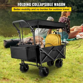 Collapsible Wagon Cart Black Foldable Wagon Cart Removable Canopy 600D Oxford Cloth Collapsible Wagon Oversized Wheels Portable