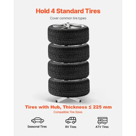 Tire Storage Rack, Heavy-Duty Steel Tire Tree Stand for 4 Tires with Rims, Space-Saving Tyre Holder for Tires up to 225mm Wide, 