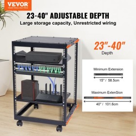 15U Open Frame Server Rack, 15''-40'' Adjustable Depth, Free Standing or Wall Mount Network Server Rack, 4 Post AV Rack with