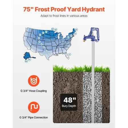 Frost Proof Yard Hydrant, 6.25 FT Freeze-Proof Outdoor Faucet with 48" Bury Dept, G 3/4" Pipe Connection & G 3/4" Hose Coupling,