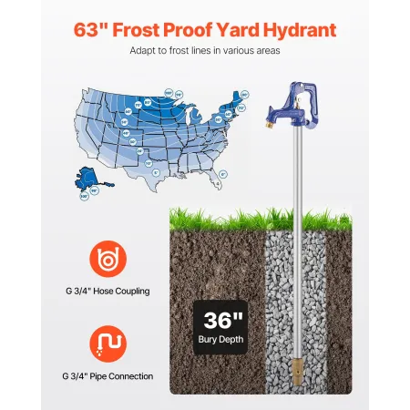 Frost Proof Yard Hydrant, 5.25 FT Freeze-Proof Outdoor Faucet with 36" Bury Dept, G 3/4" Pipe Connection & G 3/4" Hose Coupling,
