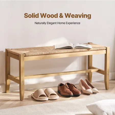 Rattan Bench, 40" Wooden Rattan Bench, Entrywway Bench with Oak Wood Legs, Bedroom End of Bed Boho Bench with Hand Woven Rattan,