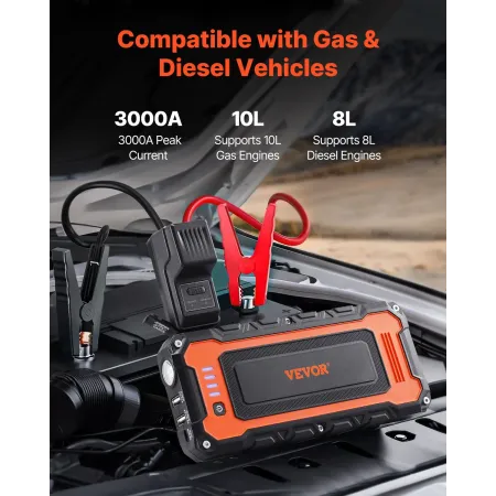 Jump Starter, 3000A Peak, Car Battery Starter Power Pack, Portable Battery Booster with Air Compressor, Jumper Cables, LCD Displ