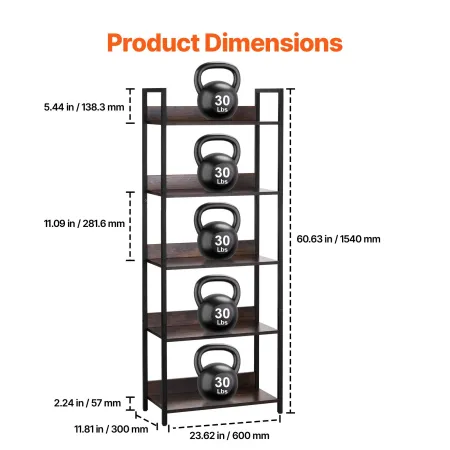 Metal Bookshelf, 5-Tier Tall Industrial Bookshelf, Rustic Display Vintage Storage Bookcase with Open Shelves, Freestanding Displ