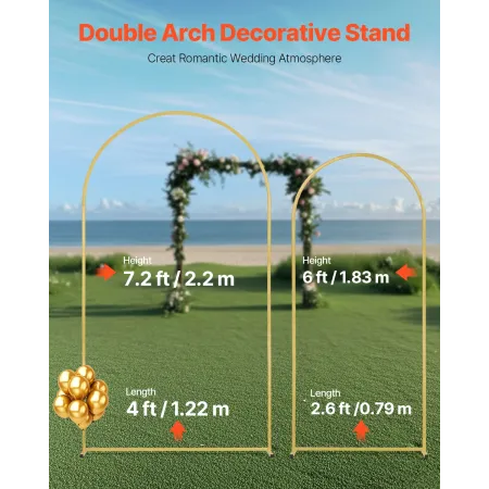 Wedding Arch Backdrop Stand, 7.2FT & 6FT, Set of 2 Stand with Case Connection & Chassis Crossbar Design, Easy-to-Assemble Gold S