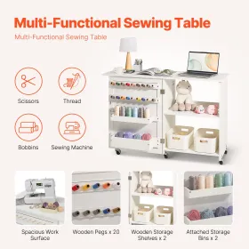 Folding Sewing Table, Multipurpose Sewing Machine Table with Compact Design, Wheels, Shelves, Storage Trays, Wooden Pegs, and Ma