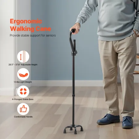 Quad Walking Cane, 10-Level Height Adjustable Walking Stick with 4-Pronged Stable Base, Lightweight & Portable Aluminum Mobility