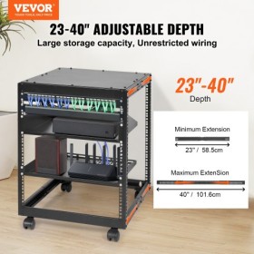12U Open Frame Server Rack, 15''-40'' Adjustable Depth, Free Standing or Wall Mount Network Server Rack, 4 Post AV Rack with