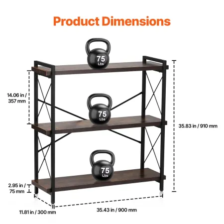 Metal Bookshelf, 3-Tier Industrial Bookshelf, Small Rustic Storage Display Bookcase with Open Shelves, Freestanding Display Vint