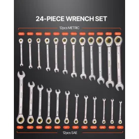 Combination Wrench Set 24 PCS SAE 1/4" - 7/8" Metric 8-19mm Organizer Rack