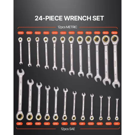 Combination Wrench Set, 24-Piece Ratcheting Wrench Set with Organizer Rack, Cr-V Steel Wrench Set SAE 1/4" to 7/8", Metric 8 mm 