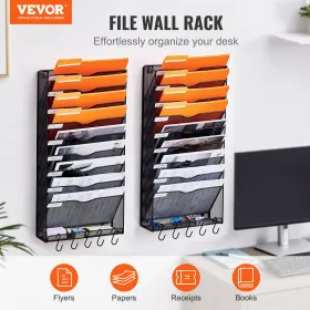 Filvægstativ Mesh Wall File Holder 2-stykke 10 Lommer til kontor/skole