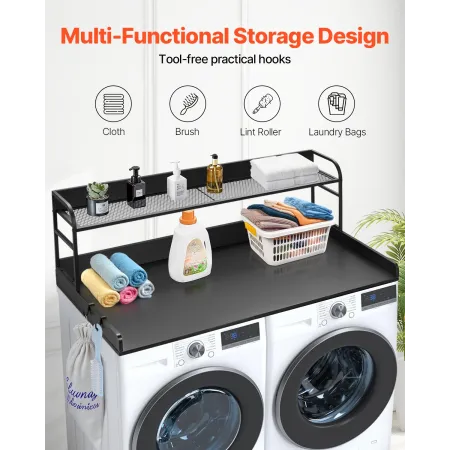 Washer Dryer Countertop with 2-Tier Shelf, 54" x 27" Wooden Washer and Dryer Countertop with Anti-Slip Pads, Water-Resistant Lau