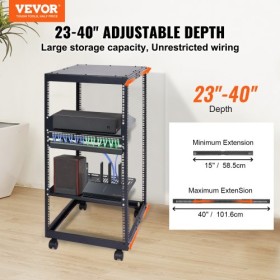 20U Open Frame Server Rack, 15''-40'' Adjustable Depth, Free Standing or Wall Mount Network Server Rack, 4 Post AV Rack with