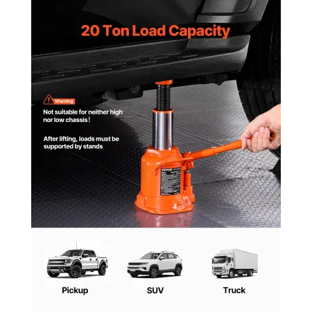 Hydraulic Bottle Jack, 20 Ton/44092 lbs Welded Bottle Jack with 6.69''-12.6'' Lifting Range & 3-Section Long Handle, for Car, Pi