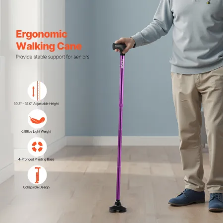 Walking Cane for Man Woman, Folding Walking Stick with 8-Level Adjustable Height, 4-Pronged Pivoting Base, Lightweight & Portabl