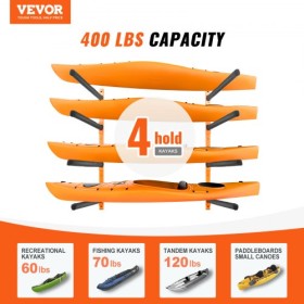 Wall Kayak Storage Rack, 4-Capacity Wall Mounted Kayak Holders for Kayak Canoe Paddle Board, Kayak Storage Hooks with