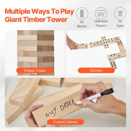 Tumbling Timber Toy, 54 Blocks Large Tumble Tower Blocks Game, Pine Wood Tumbling Tower Game with Carry Bag and Scoreboard, Wood