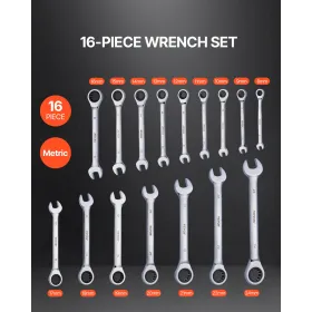 Combination Wrench Set 16-Piece Metric 8 mm to 24 mm with Organizer Rack