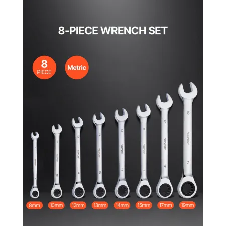 Combination Wrench Set, 8-Piece Ratcheting Wrench Set with Organizer Rack, Cr-V Steel Wrench Set Metric 8 mm to 19 mm, Ideal for