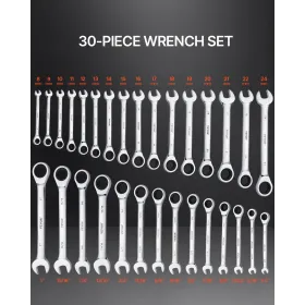 Combination Wrench Set 30 PCS SAE 1/4" to 1", Metric 8-24mm Organizer Rack