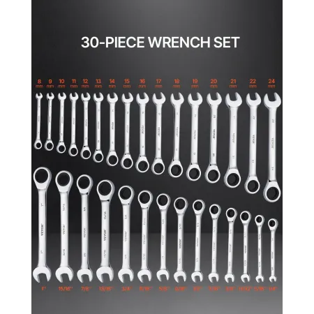 Combination Wrench Set, 30-Piece Ratcheting Wrench Set with Organizer Rack, Cr-V Steel Wrench Set SAE 1/4" to 1", Metric 8 mm to