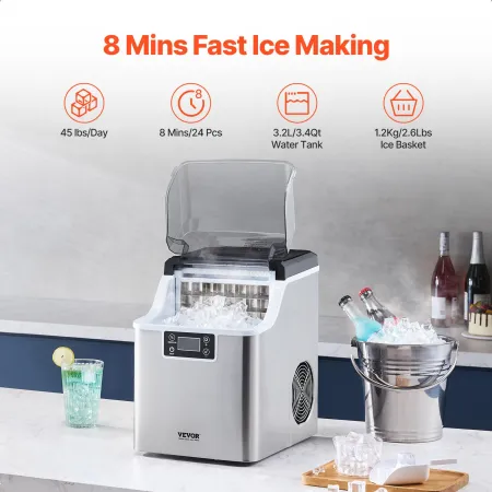 Countertop Ice Maker, 24 Cubes Ready in 15 Mins, 45lbs in 24Hrs, Self-Cleaning Portable Ice Maker with Ice Scoop and Basket, Ice