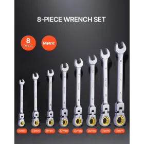 Flex-Head Ratcheting Wrench Set 8 PC Metric 8 mm-17 mm with Roll-up Pouch