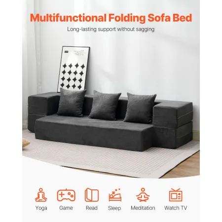 Folding Sofa Bed, 3-in-1 Foldable Couch Bed with 3 Pillows and Washable Cover, 25D High Density Memory Foam Convertible Sleeper 