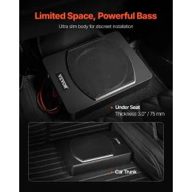 10" 240W Underseat Car Subwoofer, Slim Powered Car Subwoofers Under the Seat, Low Profile Audio Sub Built-in Amplifier, High/Low