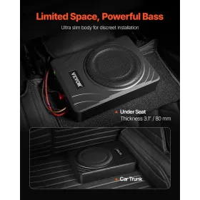 8" 300W Underseat Car Subwoofer, Slim Powered Car Subwoofers Under the Seat, Low Profile Audio Sub Built-in Amplifier, High/Low 