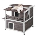 Outdoor Cat House 2-story Wooden Feral Cat Shelter with  Balcony & Roof