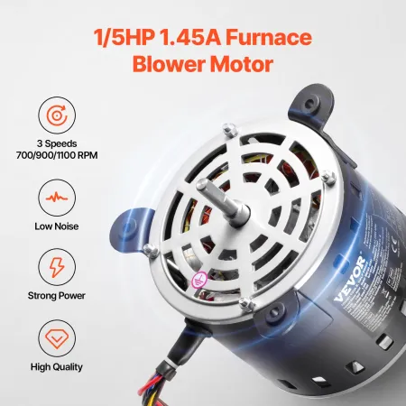 1/5HP Furnace Blower Motor, 220V 1.45Amps, 1100RPM 3-Speed, 10mm Shaft Diameter, 20mm Shaft Length, ROT. CCW from Shaft End, Inc