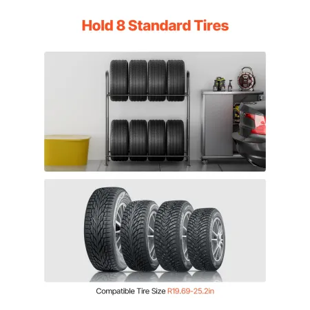 Tire Storage Rack, 2-Shelf Tire Stand Holds up to 8 Standard Tires, Q195 Heavy-Duty Steel Tire Holder Carrier with Adjustable He