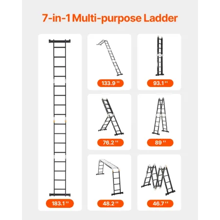 Multi-Purpose Folding Ladder, 7-in-1 Tall Extension Step Ladder, A Frame 4 Step with Scaffolding Plank Telescoping Ladder, 15.5f
