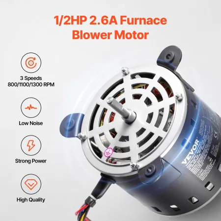 1/2HP Furnace Blower Motor, 220V 2.6Amps, 1300RPM 3-Speed, 10mm Shaft Diameter, 20mm Shaft Length, ROT. CCW from Shaft End, Incl
