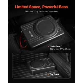 10" 300W Underseat Car Subwoofer, Slim Powered Car Subwoofers Under the Seat, Low Profile Audio Sub Built-in Amplifier, High/Low