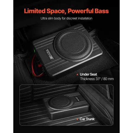 10" 300W Underseat Car Subwoofer, Slim Powered Car Subwoofers Under the Seat, Low Profile Audio Sub Built-in Amplifier, High/Low