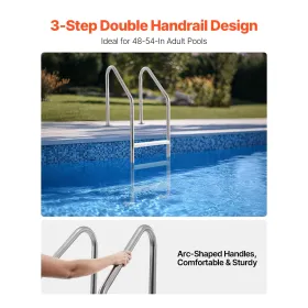 Robust Stainless Steel Pool Ladder 3-Step & 2 Handrails for 48-54 In Pool