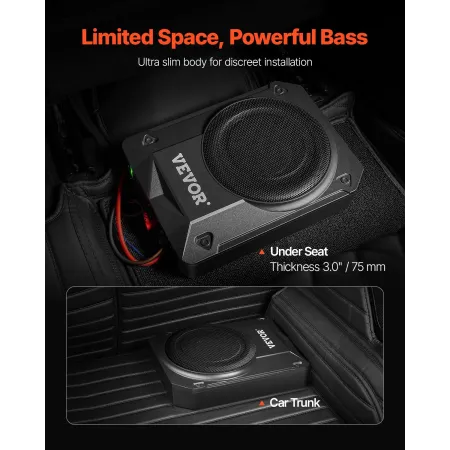 8" 800W Underseat Car Subwoofer, Slim Powered Car Subwoofers Under the Seat, Low Profile Audio Sub Built-in Amplifier, High/Low 