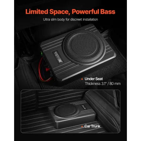 8" 400W Underseat Car Subwoofer, Slim Powered Car Subwoofers Under the Seat, Low Profile Audio Sub Built-in Amplifier, High/Low 