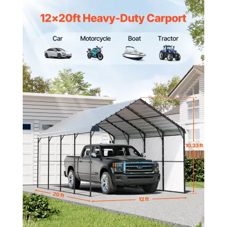Heavy Duty Metal Carport, 12' x 20' Outdoor Carport with Galvanized Steel Frame & Roof, Car Tent Garage Shade with Removable Sid