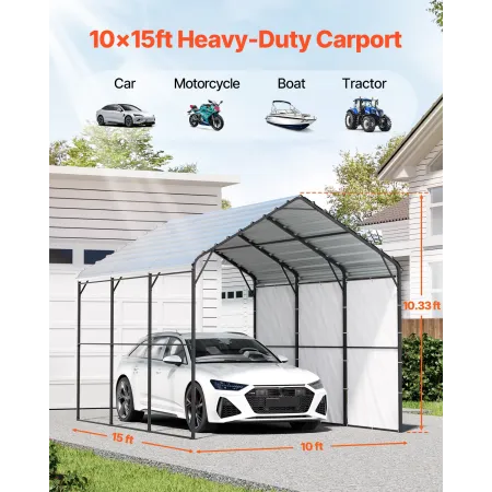 Heavy Duty Metal Carport, 10' x 15' Outdoor Carport with Galvanized Steel Frame & Roof, Car Tent Garage Shade with Removable Sid