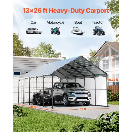 Heavy Duty Metal Carport, 13' x 26' Outdoor Carport with Galvanized Steel Frame & Roof, Car Tent Garage Shade with Removable Sid