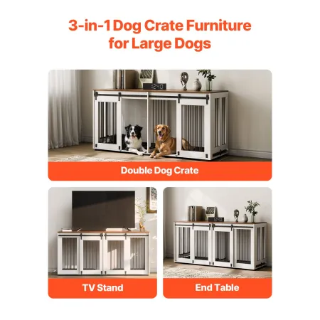 72" Dog Crate Furniture for 2 Dogs, Double Dog Crate Furniture with Double Sliding Doors, Large Dog Crate TV Stand with Removabl
